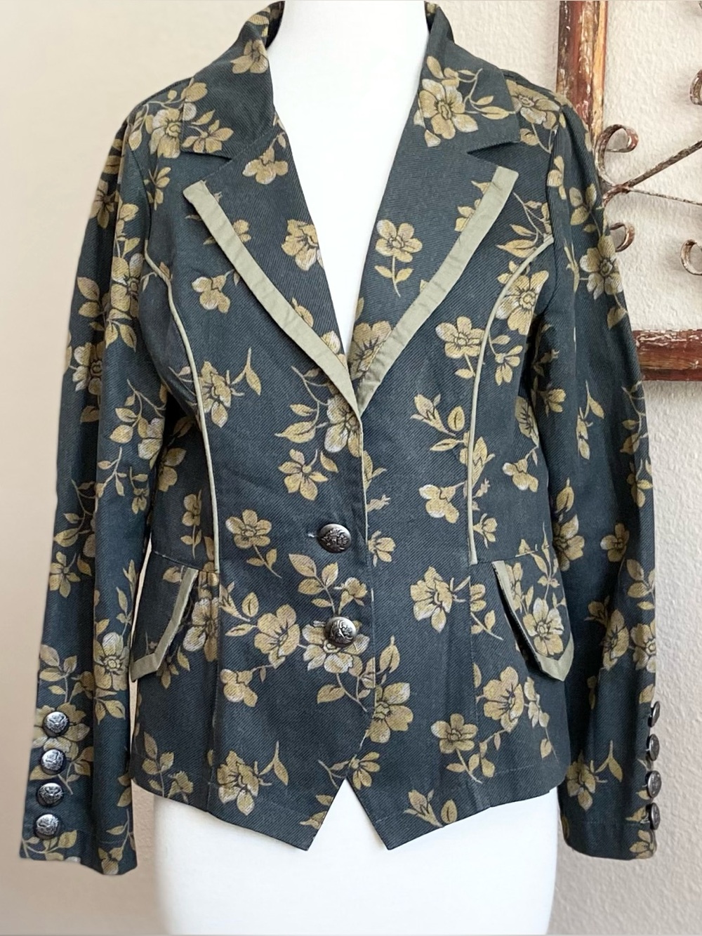 Jacket / Blazer - Anthropologie - Nick & Mo - Golden Mustard Floral on Charcoal